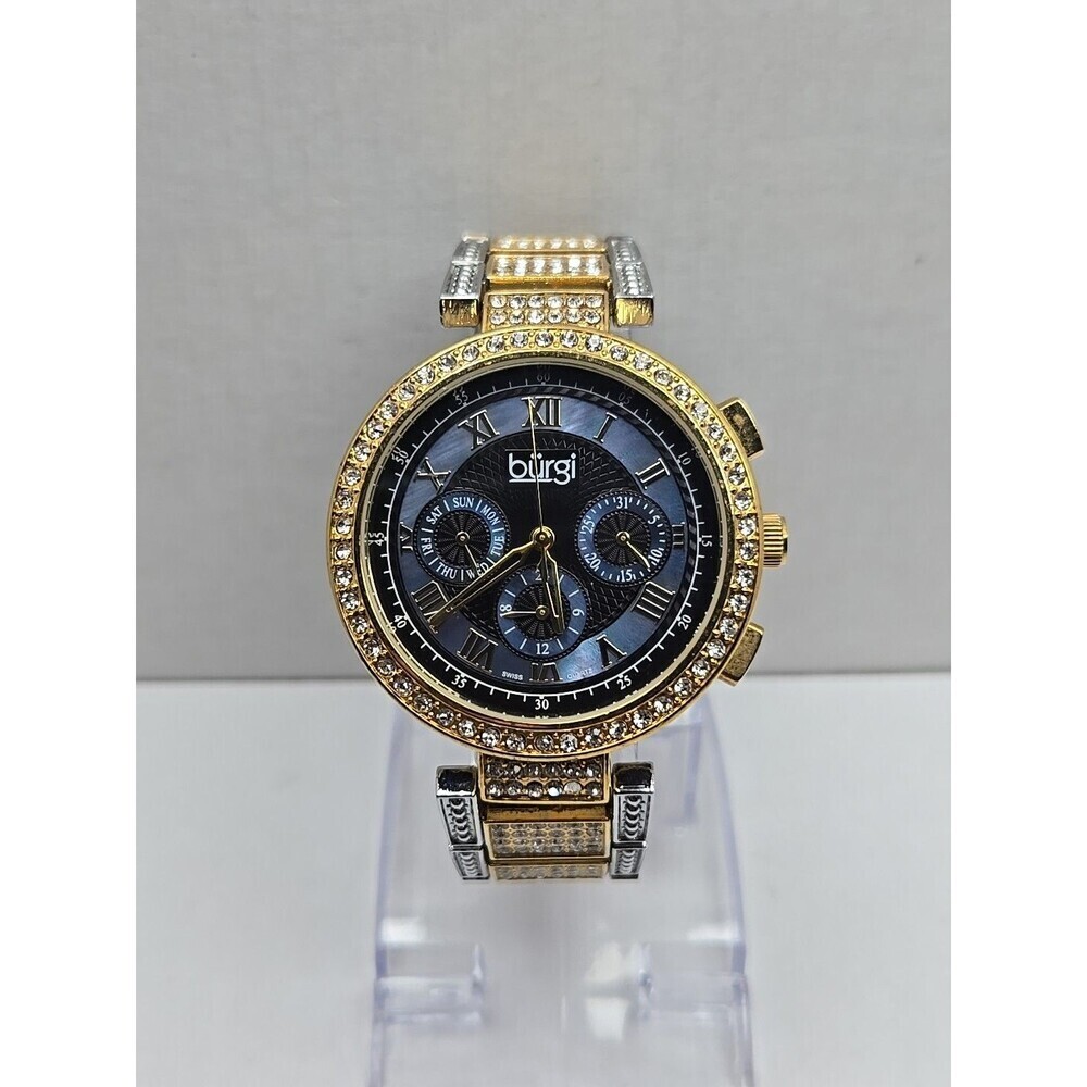 Burgi Womens Two Tone Crystal Swiss Watch Blue MOP Multifunction New Battery